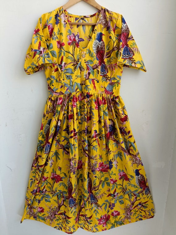 Indiase katoenen vogelprint handblokprint zomer casual jurk midi