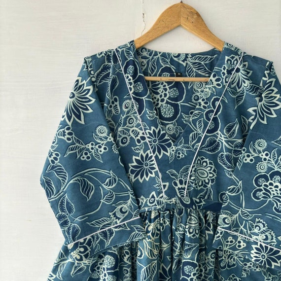 white christmas dresses Block Printed Lilac Blue Floral Cotton Dress 'Cassidy' – bluebelleandco main image 0