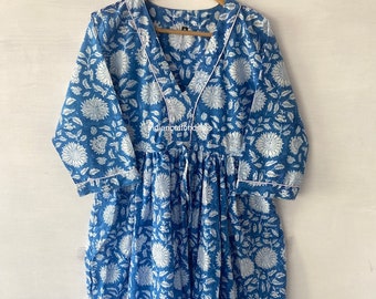 Floral V Neck Cotton Maxi Dress, Handblock Print, Boho Gown