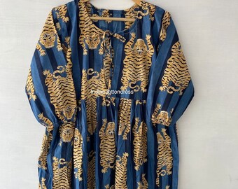 Tiger Print Cotton Dress, Handblock Boho Maxi Dress