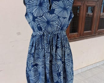 Vestido de algodón con estampado de bloques índigo, vestido midi indio hecho a mano