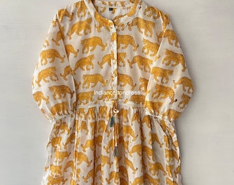 Indian Cotton Maxi Dress, Hand Block Tiger Print, Boho Summer Gown