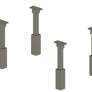 Puede incluir: Cuatro patas de mesa grises ajustables. Cada pata tiene una base rectangular, una columna central con orificios de ajuste y una placa superior. Las patas están diseñadas para el ajuste de altura y la estabilidad.
