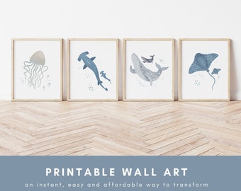Set of 4 Watercolour Sea Animals, Ocean Nursery Wall Art Prints,  Printable Sea Creature Nursery Wall Decor, Sea Life Art,Printable Wall Art