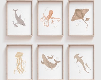 Sea Animal Nursery Prints for Girls, Set of 6 Ocean Wall Art with Whale, Jellyfish, Octopus, Ray, Shark, Pink Boho Baby Girl Decor,Printable