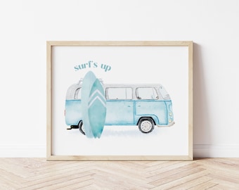 VW Van with Surf Board, Surf Camper Art, Surf Inspired Art Print, Watercolour Surf Art Nursery, Blue Retro Van Print, Vintage Camper