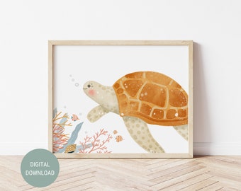 Impresión de arte de pared de tortuga marina, impresión de guardería marina, guardería bajo el mar, guardería oceánica, impresión de guardería de animales marinos, póster marino, impresión digital