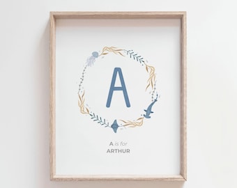 Blue ocean nursery personalised baby name wall art, custom ocean baby name print, printable ocean name sign, under the sea baby shower gift