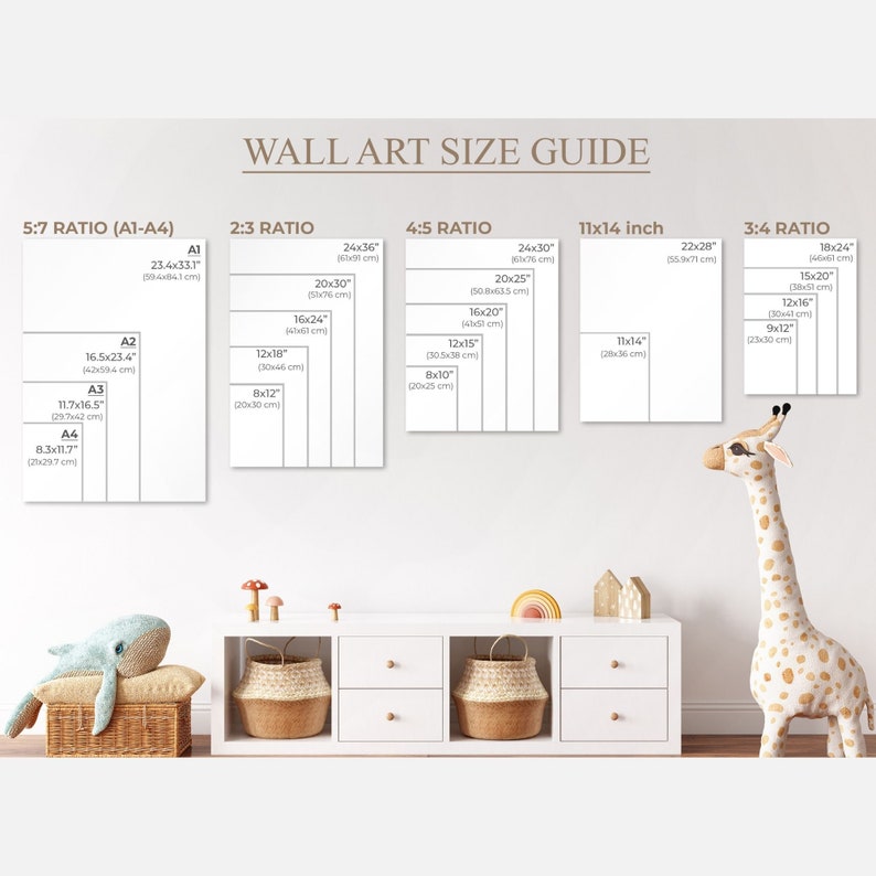 May include: A wall art size guide with different ratios and measurements in inches and centimeters. The guide shows the dimensions of various sizes of wall art, including 5:7, 2:3, 4:5, 11x14 inch, and 3:4 ratios. The guide is displayed on a white wall with a white dresser and a stuffed giraffe toy.