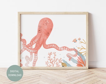 Oktopus Druck, Oktopus, Kunstdruck Meer, Unter dem Meer Kinderzimmer, Meer, Kinderzimmer Poster, Meer, Kunstdruck, Poster, Meer, Sea Life, Meer