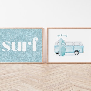 VW Van with Surf Board, Surf Camper Art, Set of Two Surf Inspired Art Prints, Watercolour Surf Art Nursery, Blue Retro Van Print