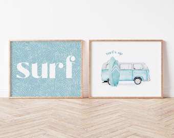 VW Van with Surf Board, Surf Camper Art, Set of Two Surf Inspired Art Prints, Watercolour Surf Art Nursery, Blue Retro Van Print