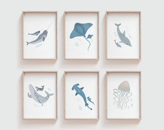 Set of 6 Watercolour Sea Creature Nursery Prints ,Jellyfish Printables, Ocean Wall Art, Under the Sea Theme, Sea Life Art,Nautical Nursery