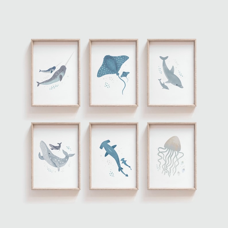 sea animal prints, narwhal, dolphin, blue eagle ray, grey whale, blue hammerhead shark, jellyfish