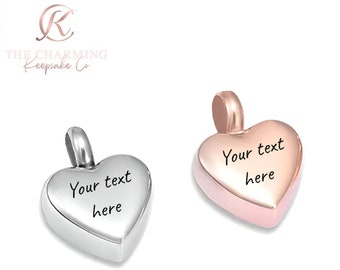 Engraved Ashes Heart Pendant Charm Stainless Steel - Personalise with your text - Silver or Rose Gold