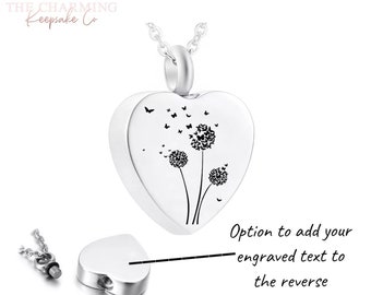 Engravable Dandelion Flower and Butterflies Cremation Ashes Urn Necklace Silver - Memorial. Gift Boxed