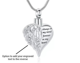 Engravable Ladies Cremation Ashes Angel Wing Urn Necklace - Gift Boxed. Personalised with your text