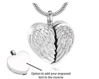 Engravable Ladies Cremation Ashes Memorial Angel Wing Heart Necklace . Gift Boxed