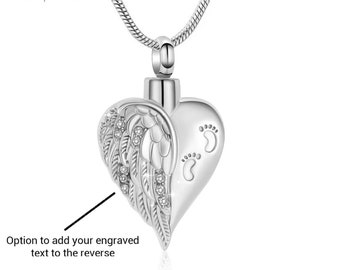 Engravable Baby / Infant Footprints Cremation Ashes Memorial Angel Wing Necklace - Gift Boxed