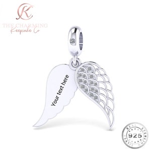 Engraved Angel Wing Charm Genuine 925 Sterling Silver - Personalised with your text