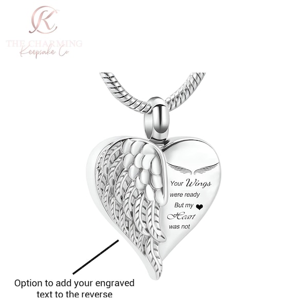 Ladies Engravable Cremation Ashes Angel Wing Heart Necklace - Memorial. Gift Boxed