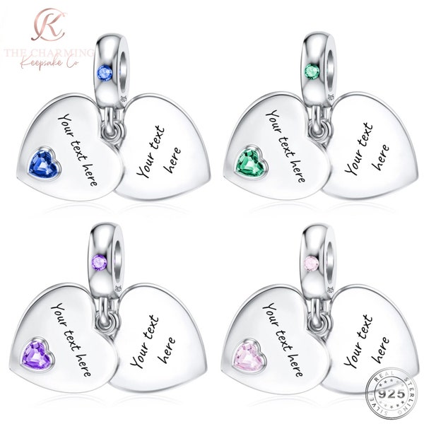 Engraved Heart Dangle Charm Genuine 925 Sterling Silver - Personalised with your text