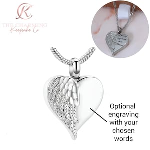Engravable Cremation Ashes Angel Wing Urn Necklace Silver - Memorial. Self Fill