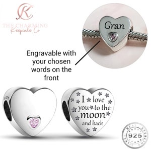 Engraved Heart Charm Genuine 925 Sterling Silver I Love You To The Moon - Personalised with your text - Mothers day gift