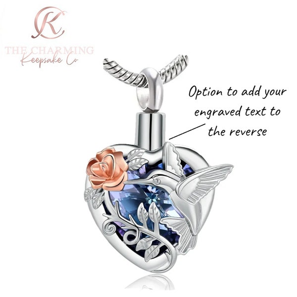 Engravable Hummingbird Cremation Ashes Urn Necklace Silver - Memorial. Gift Boxed