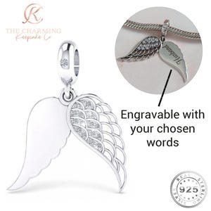 Engraved Angel Wing Charm Genuine 925 Sterling Silver - Personalised with your text