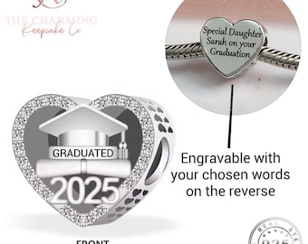 Engraved Graduation 2025 Charm 925 Sterling Silver - Personalised with your text on the reverse