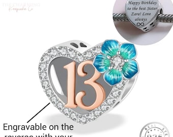 Engraved 13th Birthday Charm Genuine 925 Sterling Silver Rose Gold - Personalise with your text
