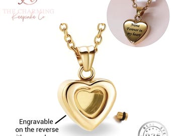 Gold Engravable Cremation Ashes Glass Heart Urn Necklace - Self Fill Memorial. Mum / Dad / Nana / Grandad / Grandma Ashes -Gift Boxed