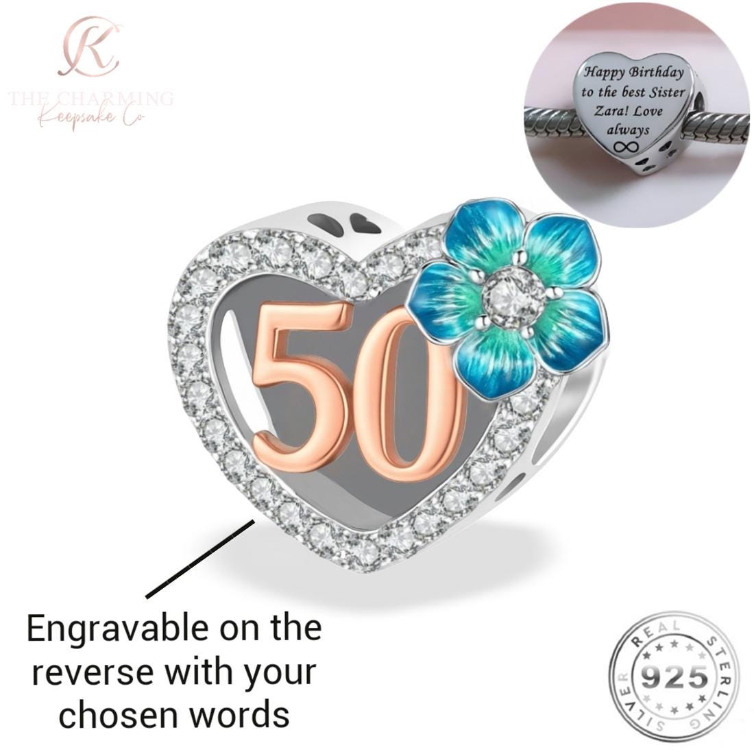 Engraved 50th Birthday Charm Genuine 925 Sterling Silver Rose Gold - Personalise with your text