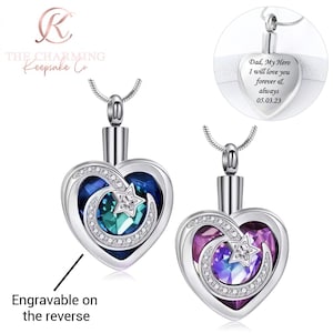 Engravable Moon & Star Cremation Ashes Urn Necklace Silver - Memorial. Gift Boxed