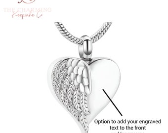 Engravable Cremation Ashes Angel Wing Heart Necklace Silver - Memorial. Gift Boxed