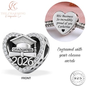 May include: A heart-shaped silver charm bead featuring a graduation cap, a diploma, and the year 2026 on the front, with a border of clear stones. The reverse side is engraved with the text: BSc Business, So incredibly proud of you, Catherine.