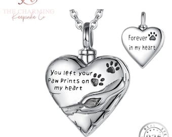 Pet Dog / Cat Cremation Ashes Memorial Paw Prints Heart Necklace 925 Sterling Silver . Gift Boxed
