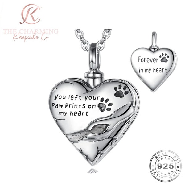 Pet Dog / Cat Cremation Ashes Memorial Paw Prints Heart Necklace 925 Sterling Silver . Gift Boxed