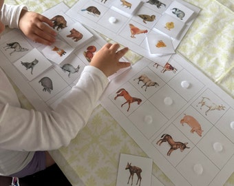 Spel voor het matchen van dieren met mama en baby voor peuters (voorschoolse educatie, afdrukbaar, stil spel)