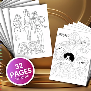 Op de afbeelding: Een stapel kleurboeken met zwart-wit illustraties van K-pop karakters. Eén boek bevat de tekst "KPOP DEMON HUNTERS", en een ander zegt "SAJA BOYS". Een paarse cirkel toont "32 PAGES TO COLOR".