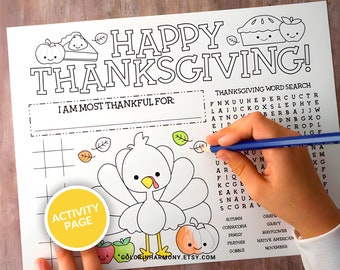 Thanksgiving Activity Placemat, Thanksgiving Coloring Page, Printable Thanksgiving Party Game, Kids Party Table Activity, Party Template