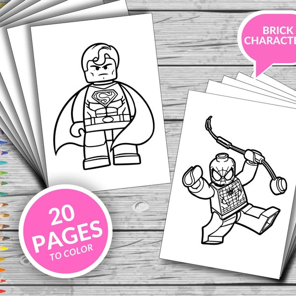 20 Brick Characters Super Heroes Printable Coloring Pages, Brick Characters Coloring Book, Fun At Home Activity, Relax And Color