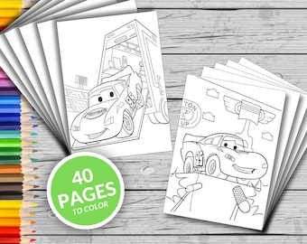 40 Cars Printable Coloring Pages, Lightning Mcqueen Coloring Book, Fun At Home Activity, Relax And Color