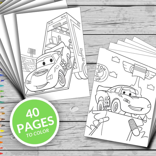40 Cars Printable Coloring Pages, Lightning Mcqueen Coloring Book, Fun At Home Activity, Relax And Color