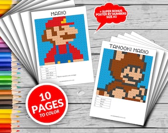 Páginas para colorir do Super Mário para imprimir, colorir por número, jogo divertido do Super Mário, atividades para crianças, atividade divertida em casa, relaxar e colorir