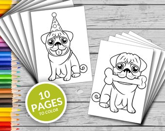 10 Cute Pug Printable Coloring Pages, Cute Dogs Coloring Book, Fun At Home Activity, Relax And Color