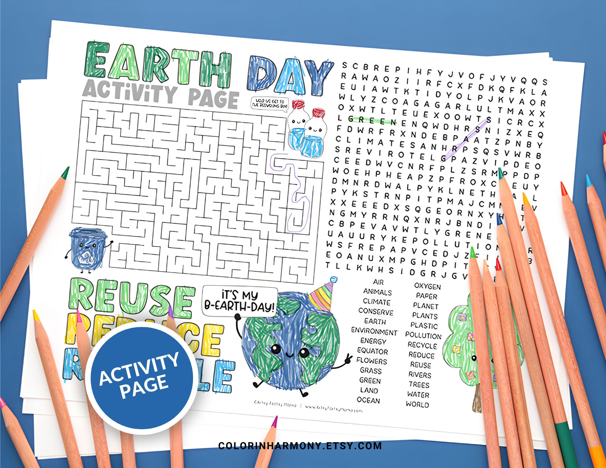 Earth Day Activity Placemat: Kids Coloring Page (PDF Download) - Etsy