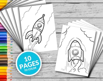 Puede incluir: Un conjunto de 10 páginas para colorear imprimibles con ilustraciones en blanco y negro de cohetes. El texto "10 PAGES TO COLOR" está en un círculo azul.
