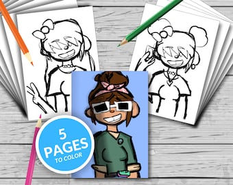 Könnte beinhalten: Fünf Schwarzweiß-Malvorlagen mit einem Comic-Mädchen mit Friedenszeichen, Herz und Stirnband. Die Seiten liegen auf einer Holzoberfläche mit Buntstiften.